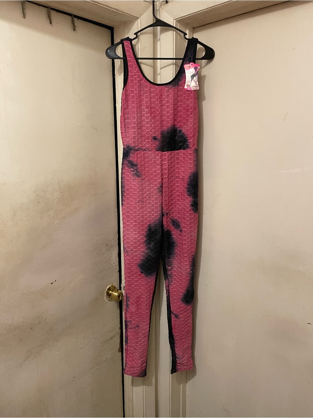 Women’s S/M Pink Black Tie Dye Jersey Jumpsuit Sleeveless Scoop Neck Stretch